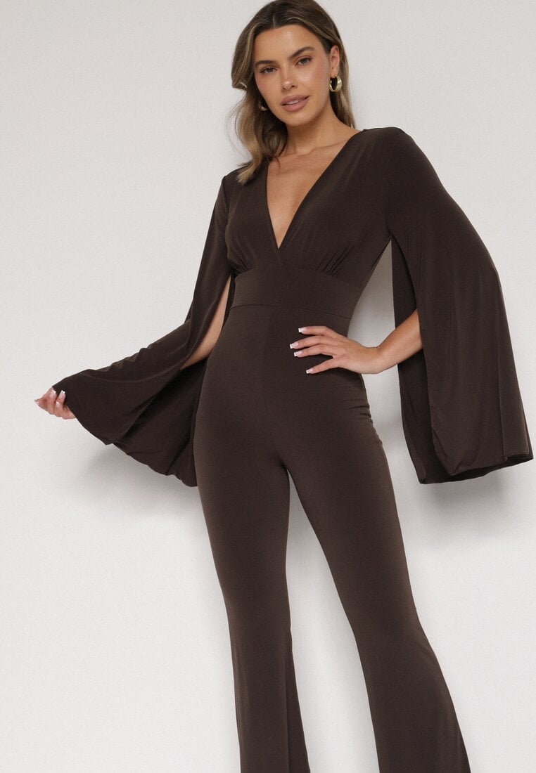 Brązowy Długi Kombinezon z Szerokimi Rękawami i Odkrytymi Plecami Dasima