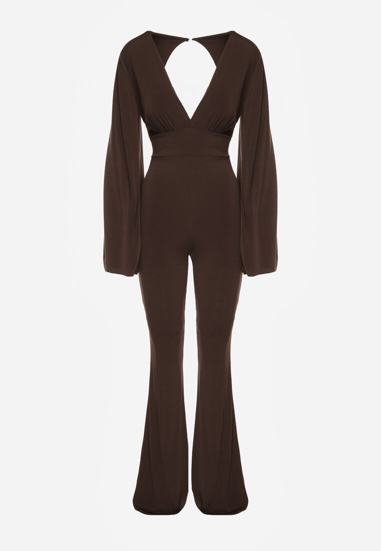 Brązowy Długi Kombinezon z Szerokimi Rękawami i Odkrytymi Plecami Dasima