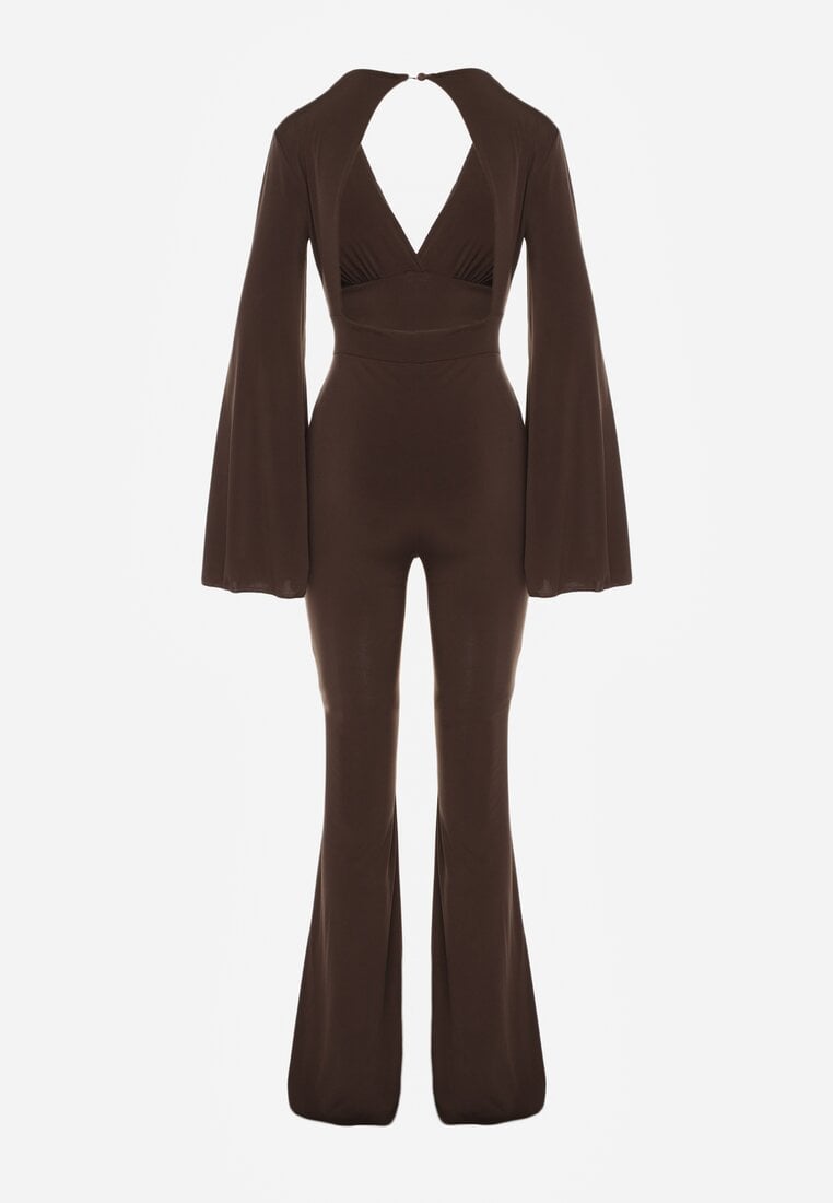 Brązowy Długi Kombinezon z Szerokimi Rękawami i Odkrytymi Plecami Dasima