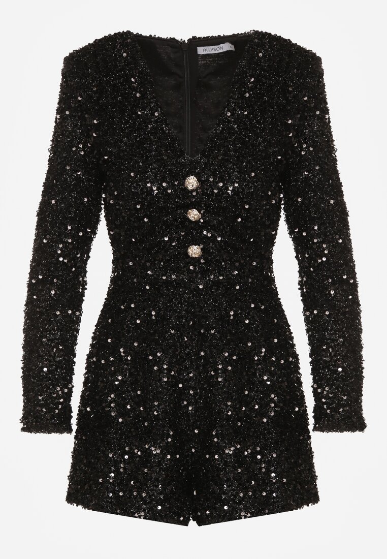 Czarny Elegancki Kombinezon o Taliowanym Kroju z Krótkimi Nogawkami i Cekinami Uwedara