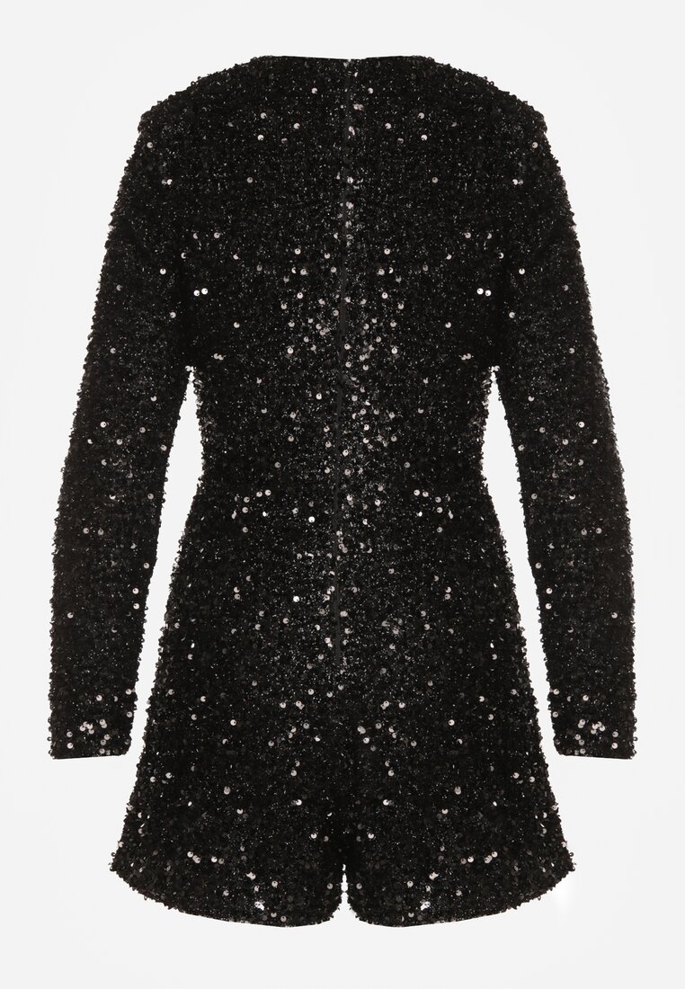 Czarny Elegancki Kombinezon o Taliowanym Kroju z Krótkimi Nogawkami i Cekinami Uwedara