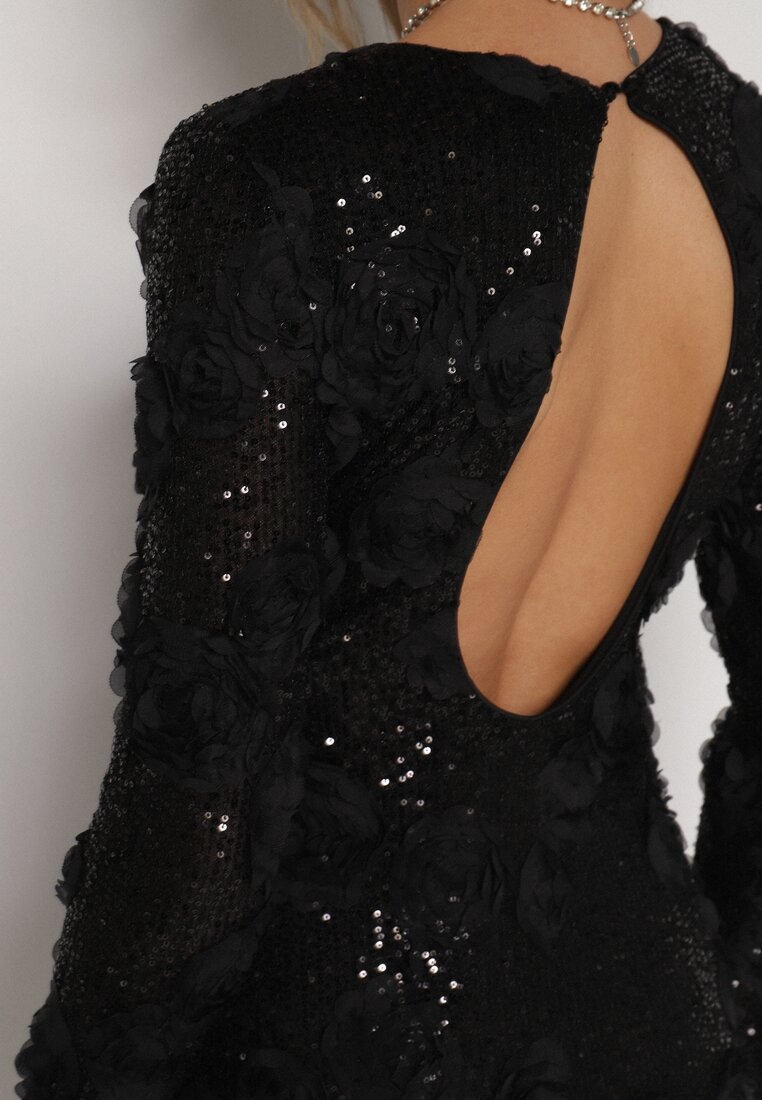 Czarna Cekinowa Sukienka z Kwiatami 3D Naweda