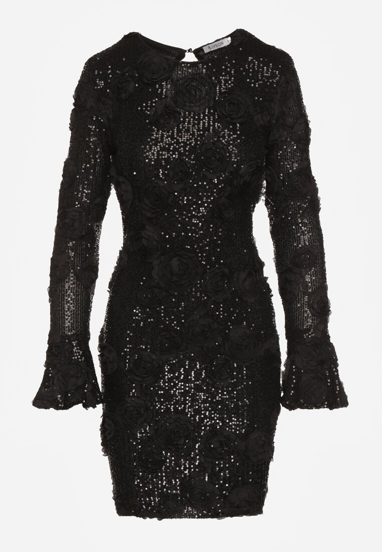 Czarna Cekinowa Sukienka z Kwiatami 3D Naweda