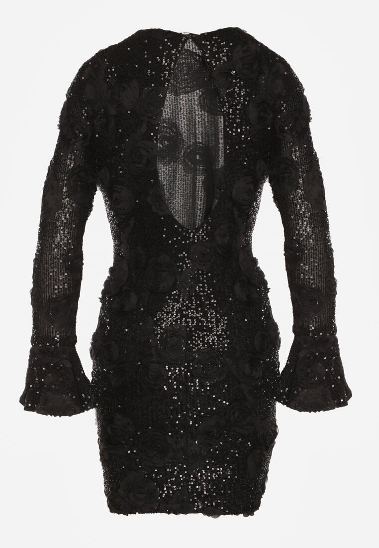 Czarna Cekinowa Sukienka z Kwiatami 3D Naweda