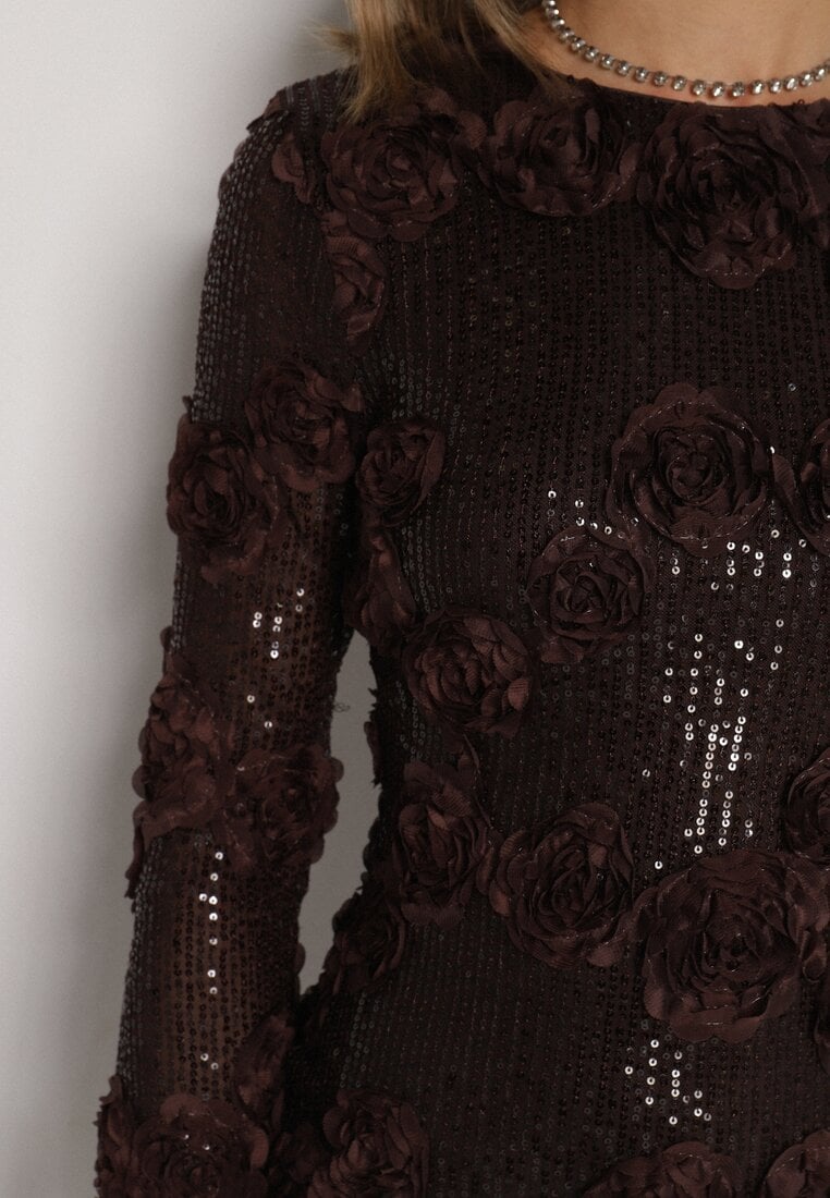 Brązowa Cekinowa Sukienka z Kwiatami 3D Naweda