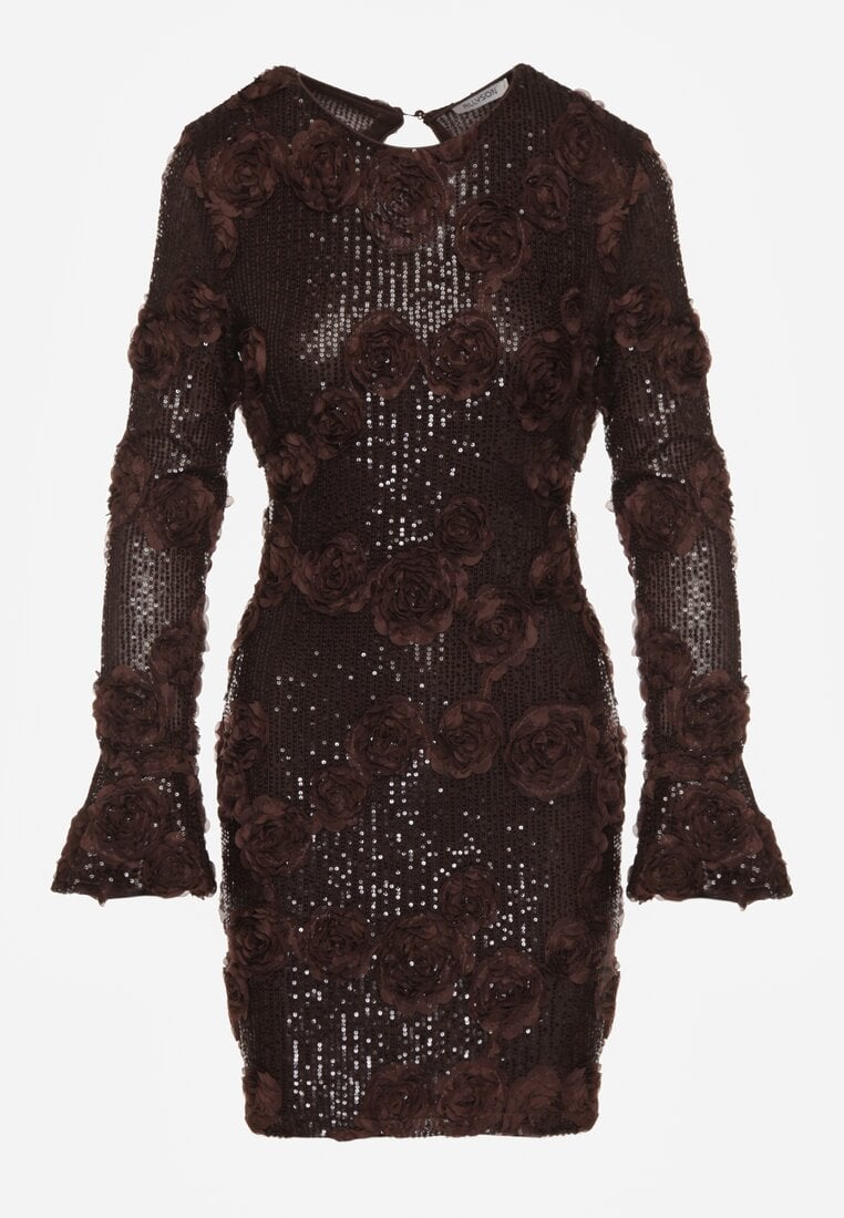 Brązowa Cekinowa Sukienka z Kwiatami 3D Naweda