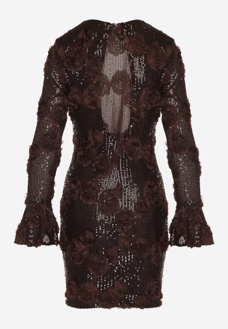 Brązowa Cekinowa Sukienka z Kwiatami 3D Naweda
