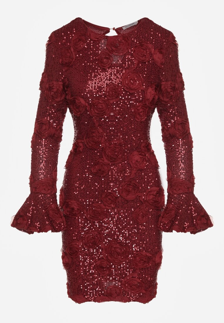 Bordowa Cekinowa Sukienka z Kwiatami 3D Naweda