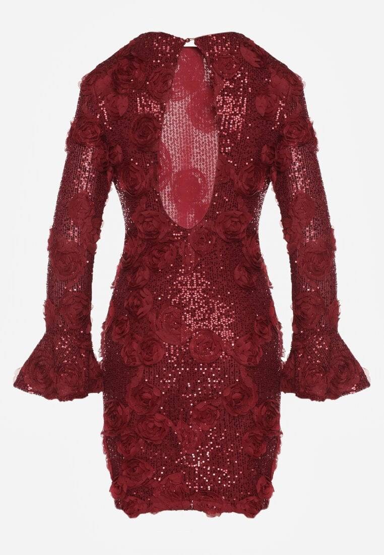 Bordowa Cekinowa Sukienka z Kwiatami 3D Naweda