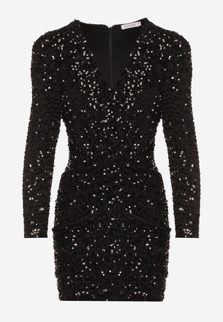 Czarna Dopasowana Sukienka o Eleganckim Kroju z Dekoltem w Serek i Cekinami Iwedama