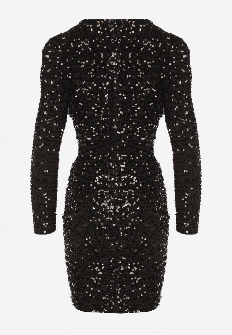 Czarna Dopasowana Sukienka o Eleganckim Kroju z Dekoltem w Serek i Cekinami Iwedama