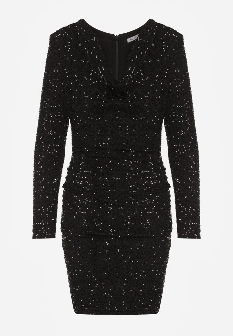 Czarna Dopasowana Sukienka Wieczorowa z Lejącym Dekoltem i Cekinami Siwedea