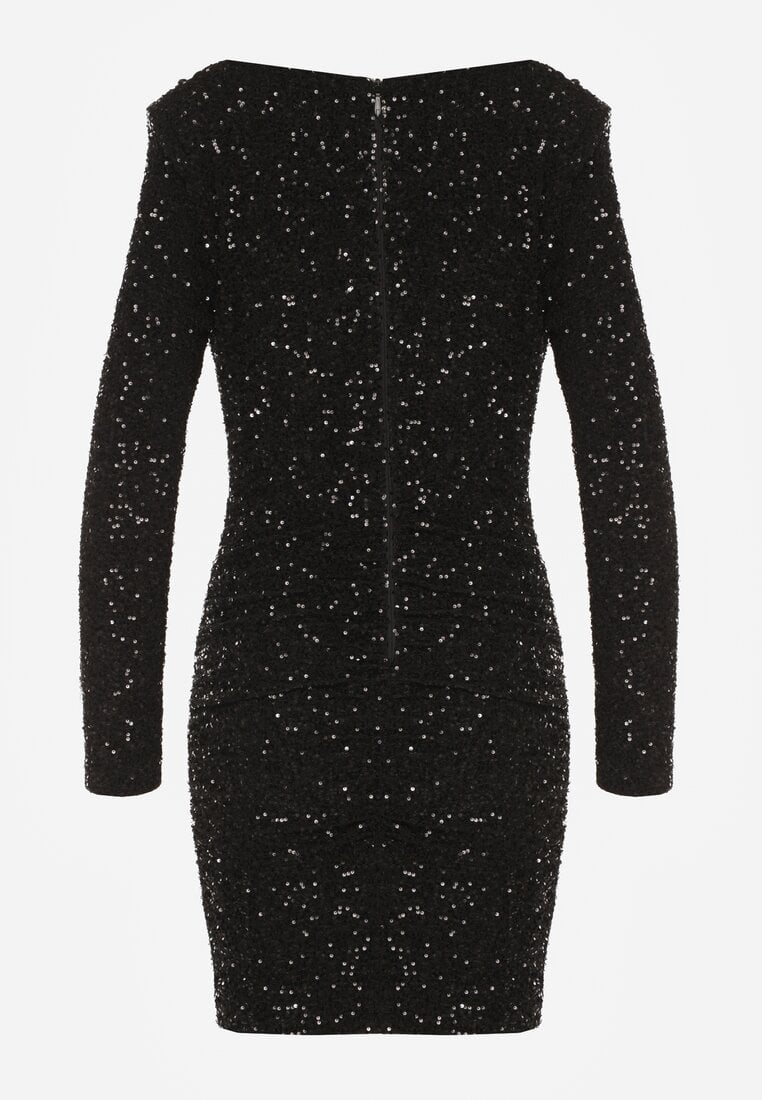 Czarna Dopasowana Sukienka Wieczorowa z Lejącym Dekoltem i Cekinami Siwedea