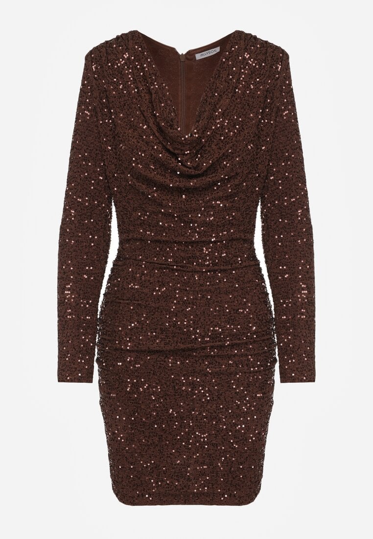 Brązowa Dopasowana Sukienka Wieczorowa z Lejącym Dekoltem i Cekinami Siwedea