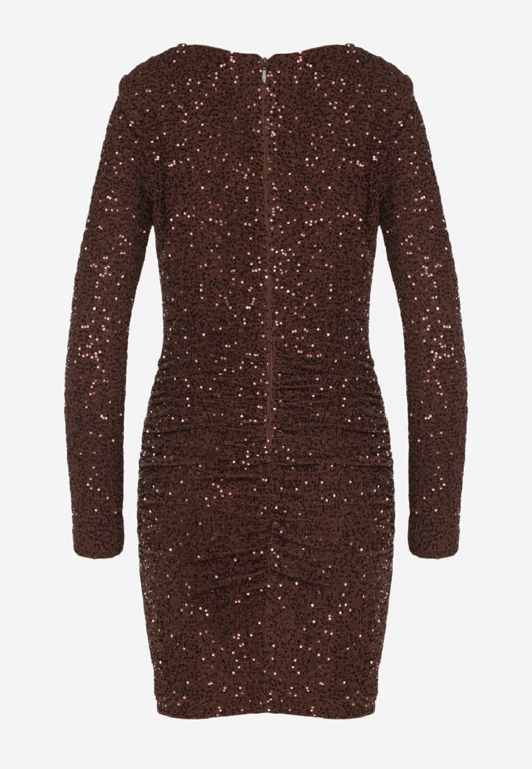 Brązowa Dopasowana Sukienka Wieczorowa z Lejącym Dekoltem i Cekinami Siwedea