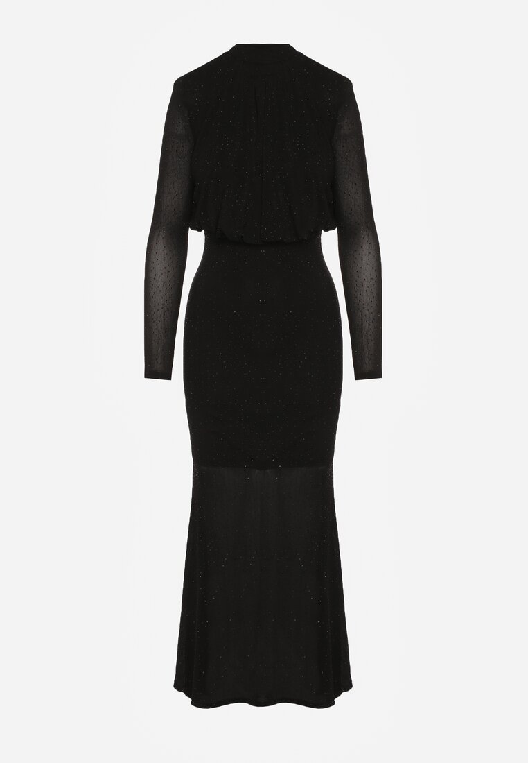 Czarna Taliowana Sukienka z Bufiastą Górą Gumką w Pasie i Cyrkoniami Inweda