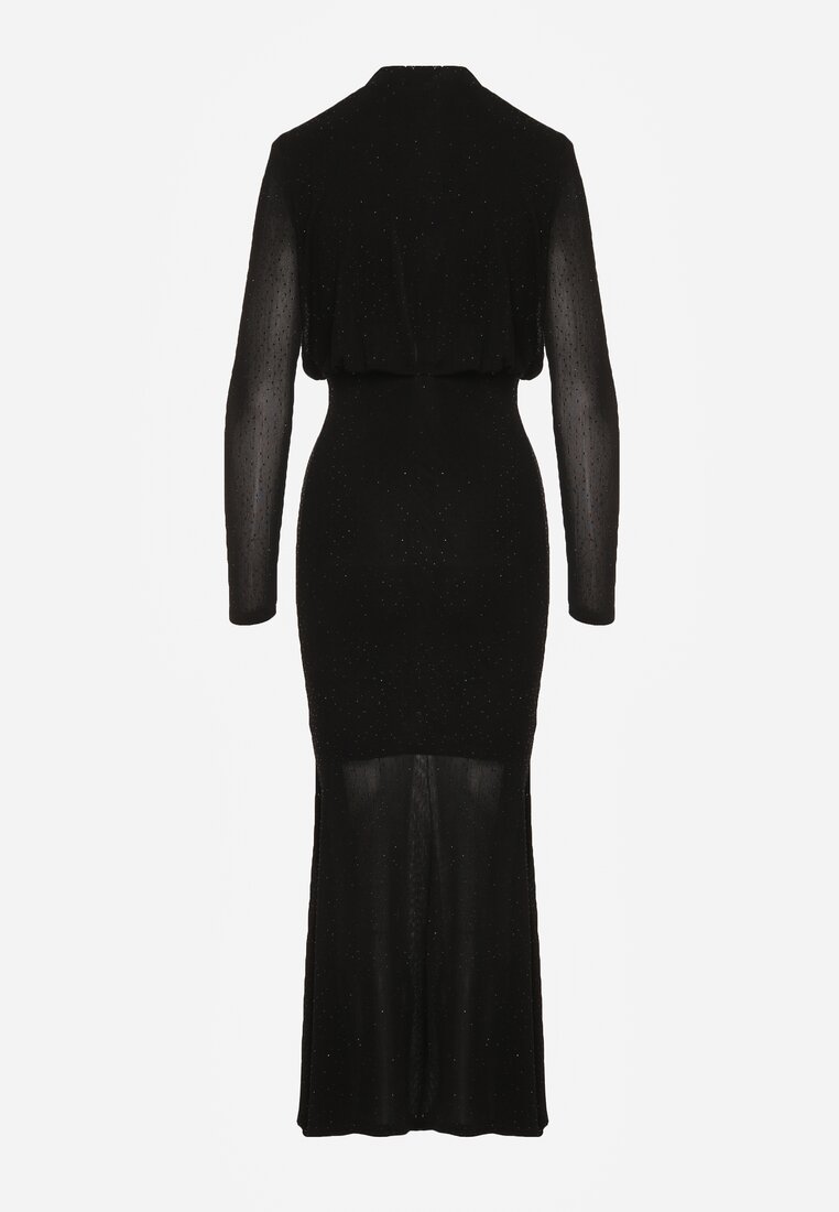 Czarna Taliowana Sukienka z Bufiastą Górą Gumką w Pasie i Cyrkoniami Inweda