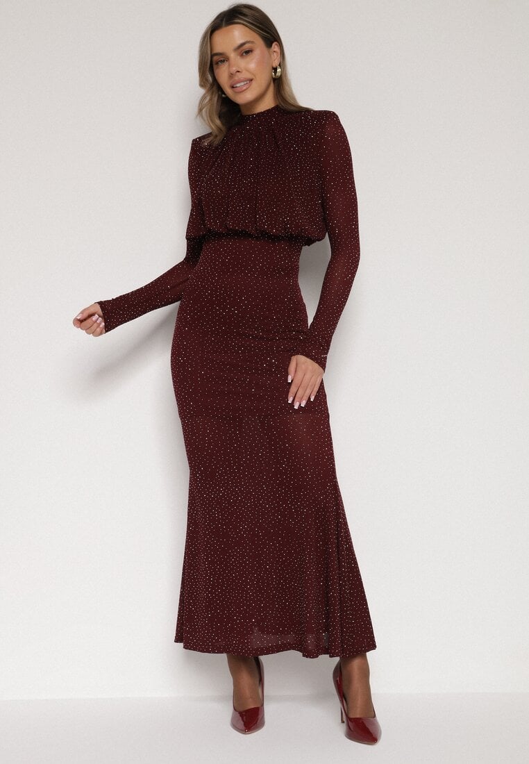 Bordowa Taliowana Sukienka z Bufiastą Górą Gumką w Pasie i Cyrkoniami Inweda
