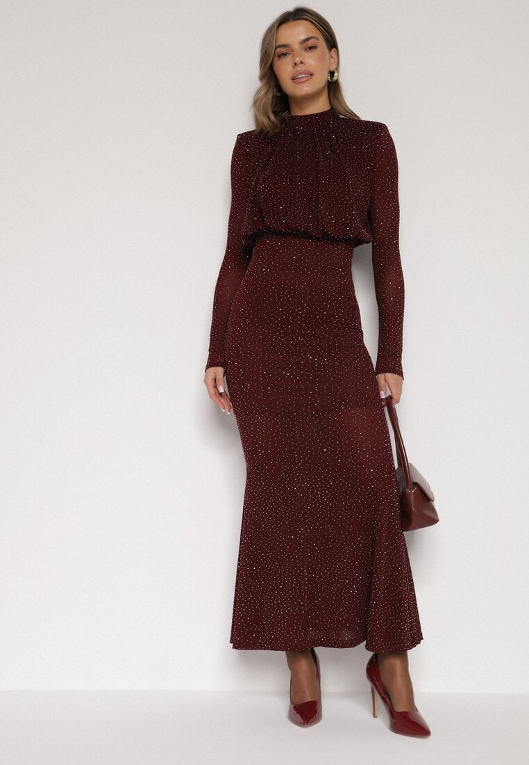 Bordowa Taliowana Sukienka z Bufiastą Górą Gumką w Pasie i Cyrkoniami Inweda