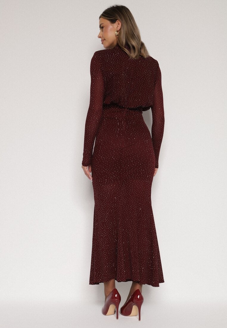 Bordowa Taliowana Sukienka z Bufiastą Górą Gumką w Pasie i Cyrkoniami Inweda