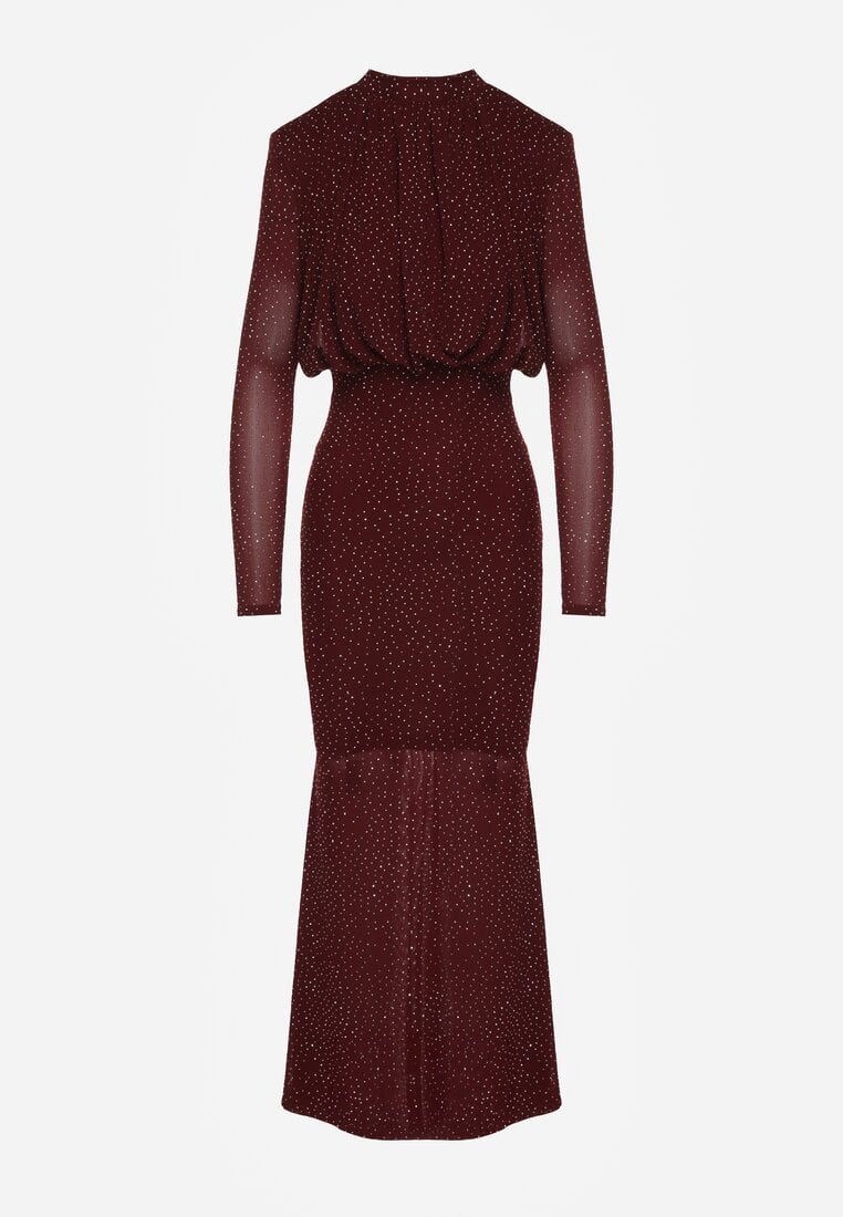 Bordowa Taliowana Sukienka z Bufiastą Górą Gumką w Pasie i Cyrkoniami Inweda