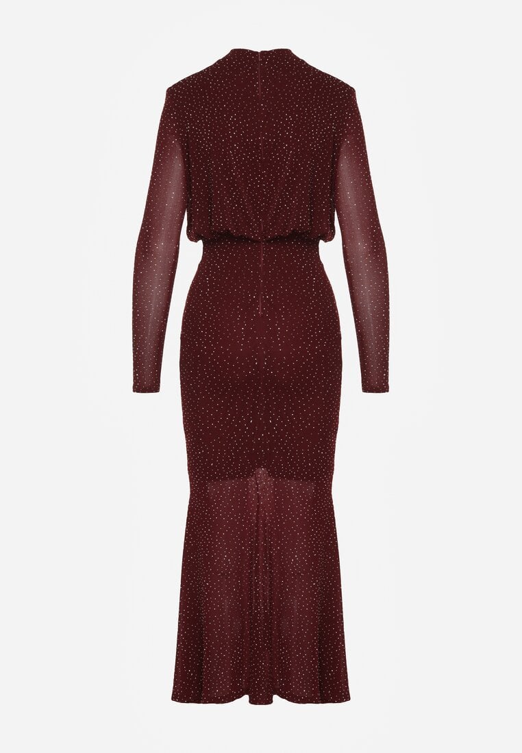 Bordowa Taliowana Sukienka z Bufiastą Górą Gumką w Pasie i Cyrkoniami Inweda
