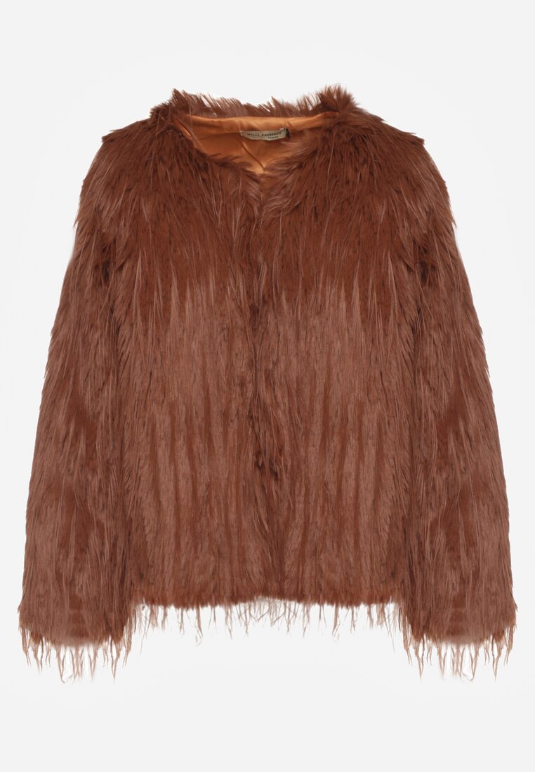 Brązowa Kurtka Futrzana o Prostym Kroju Zapinana na Haftki Siarale