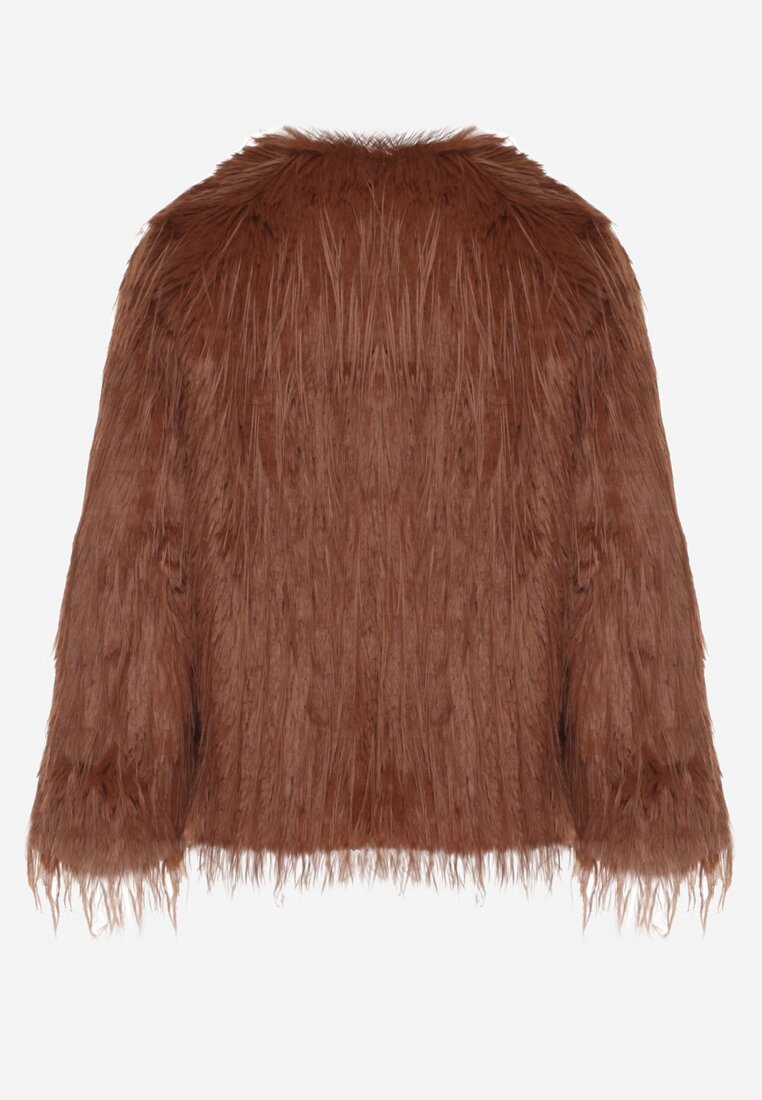 Brązowa Kurtka Futrzana o Prostym Kroju Zapinana na Haftki Siarale