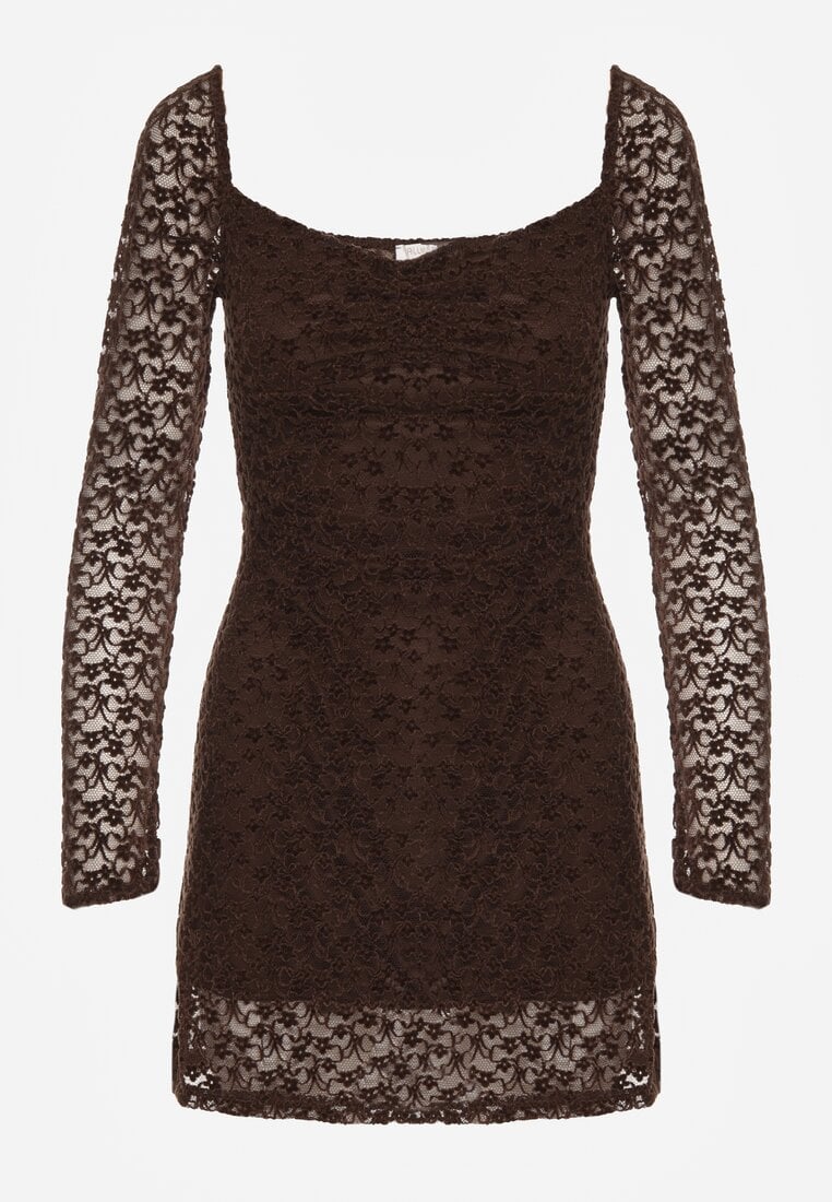 Brązowa Koronkowa Sukienka o Dopasowanym Kroju z Kwadratowym Dekoltem Tiwedesa