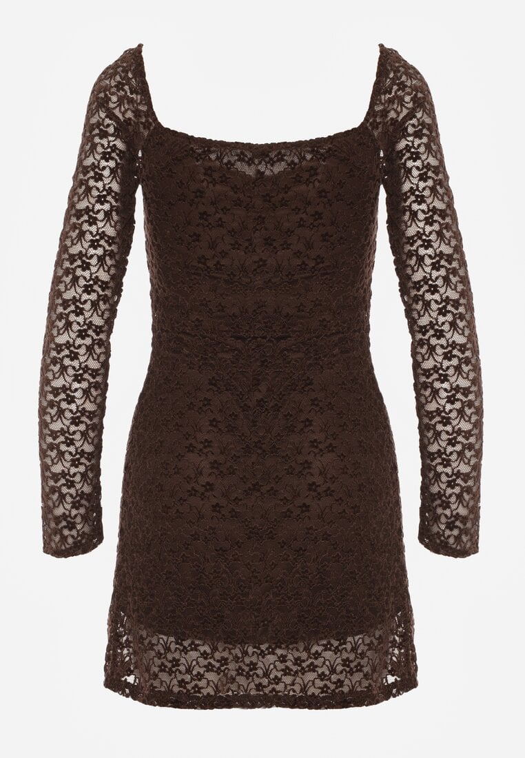 Brązowa Koronkowa Sukienka o Dopasowanym Kroju z Kwadratowym Dekoltem Tiwedesa