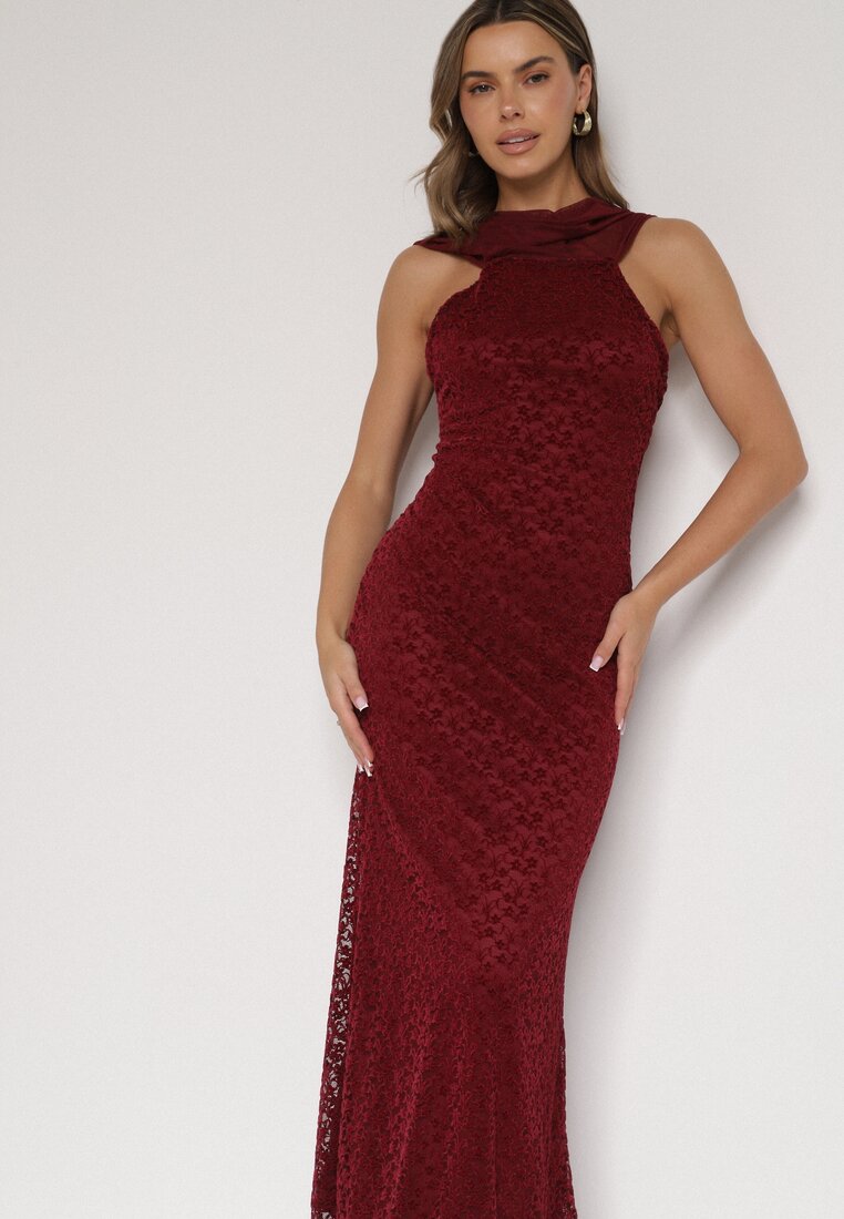 Bordowa Asymetryczna Sukienka z Falbaną Nawedina