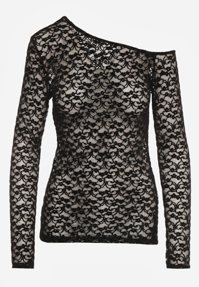 Czarna Koronkowa Bluzka z Długim Rękawem i Asymetrycznym Dekoltem Liwedara