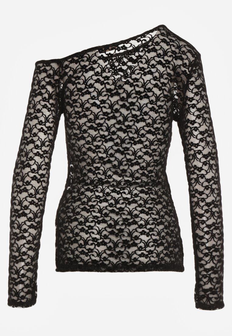 Czarna Koronkowa Bluzka z Długim Rękawem i Asymetrycznym Dekoltem Liwedara
