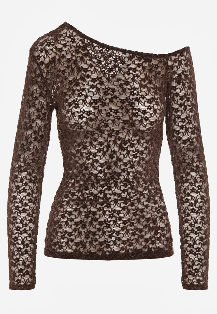 Brązowa Koronkowa Bluzka z Długim Rękawem i Asymetrycznym Dekoltem Liwedara
