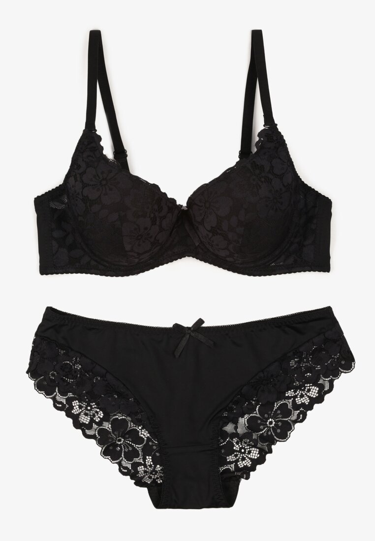 Czarny Komplet Biustonosz i Majtki Typu Figi Ozdobiony Koronką Ezivane