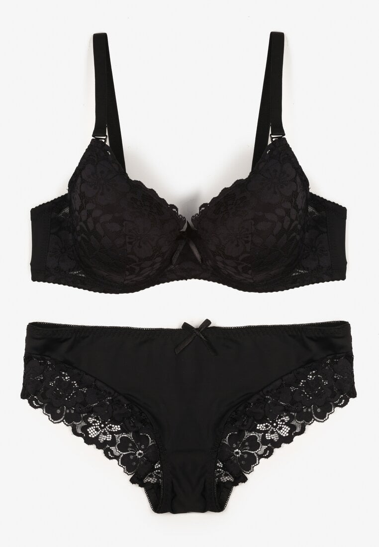 Czarny Klasyczny Komplet Biustonosz i Majtki Figi z Koronką Ezilene
