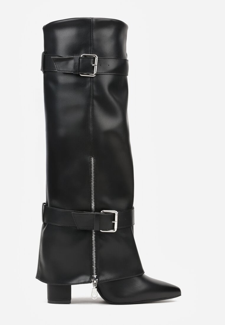 Czarne Kozaki na Słupku z Wywiniętą Cholewką Zdobioną Klamrami i Suwakiem Unwedina