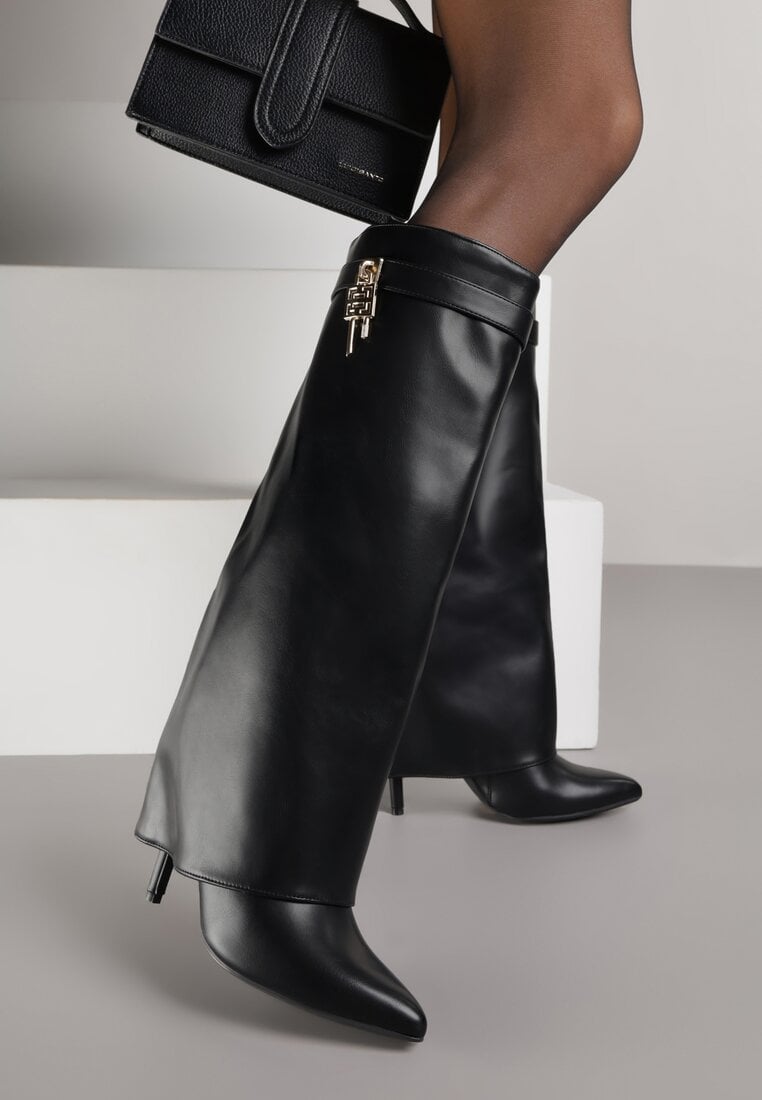 Czarne Kozaki na Szpilce z Cholewką Imitującą Nogawkę z Aplikacją Kłódką Vetidora