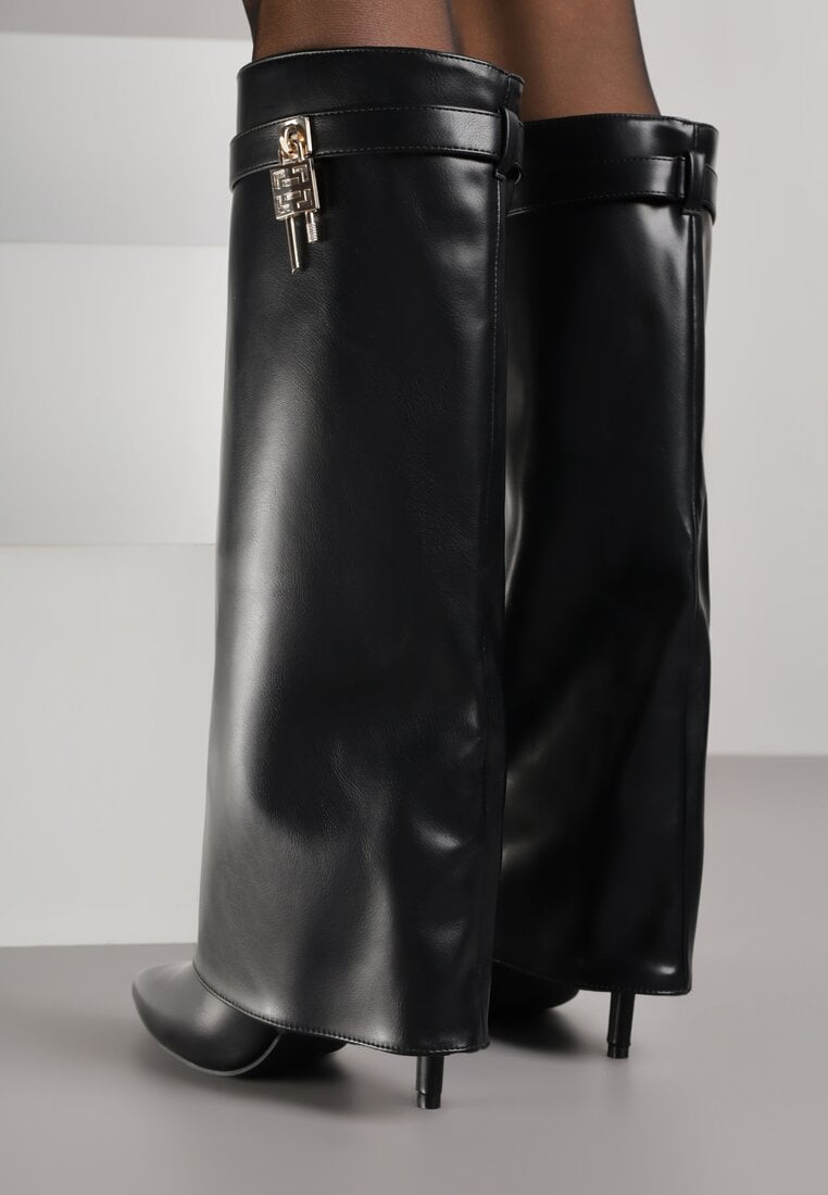 Czarne Kozaki na Szpilce z Cholewką Imitującą Nogawkę z Aplikacją Kłódką Vetidora