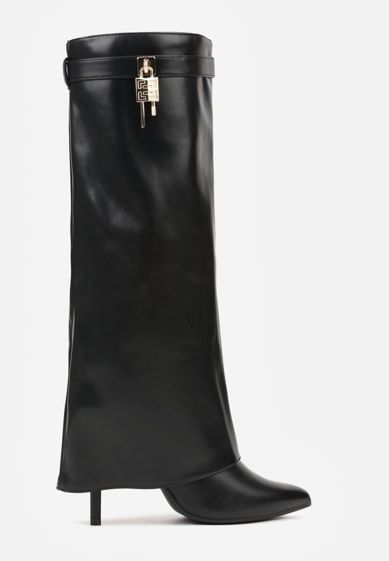 Czarne Kozaki na Szpilce z Cholewką Imitującą Nogawkę z Aplikacją Kłódką Vetidora