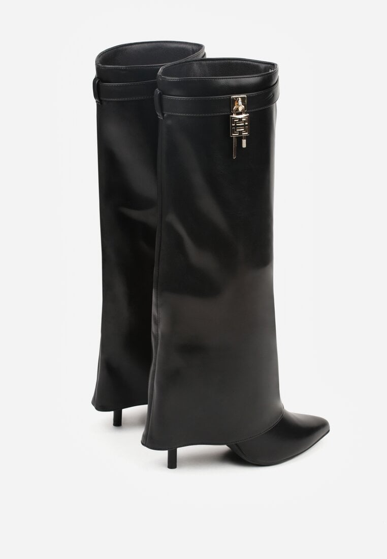 Czarne Kozaki na Szpilce z Cholewką Imitującą Nogawkę z Aplikacją Kłódką Vetidora