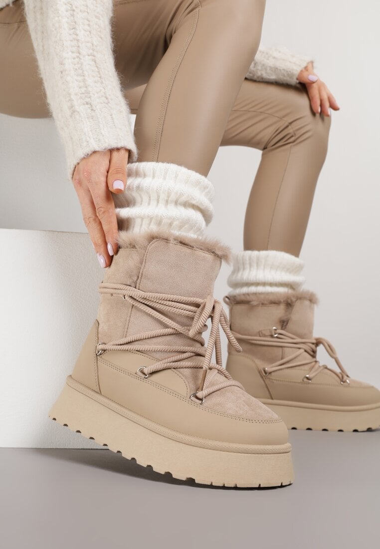 Ciemnobeżowe Śniegowce na Grubej Podeszwie z Futerkiem Alwedra