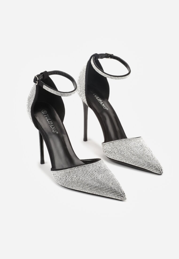 Czarne Szpilki z Paskiem wokół Kostki i Cyrkoniowym Zdobieniem Anwedela