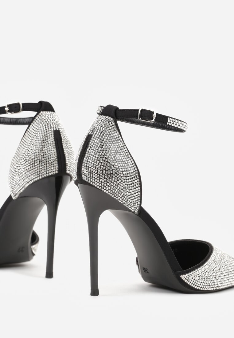 Czarne Szpilki z Paskiem wokół Kostki i Cyrkoniowym Zdobieniem Anwedela