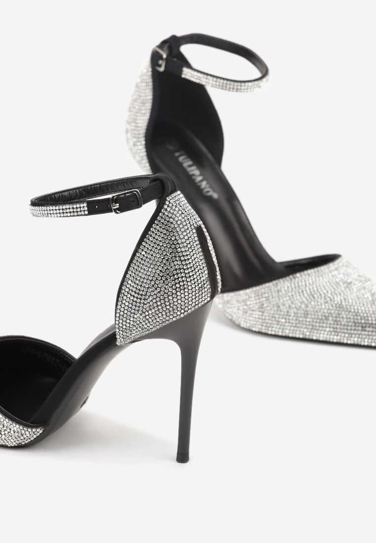 Czarne Szpilki z Paskiem wokół Kostki i Cyrkoniowym Zdobieniem Anwedela