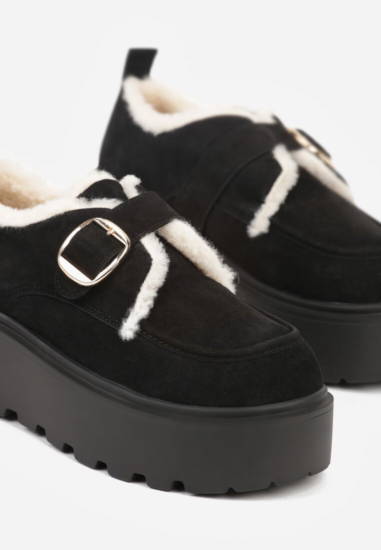 Czarne Śniegowce na Grubej Podeszwie z Paskiem z Klamerką i Futerkiem Uwedina