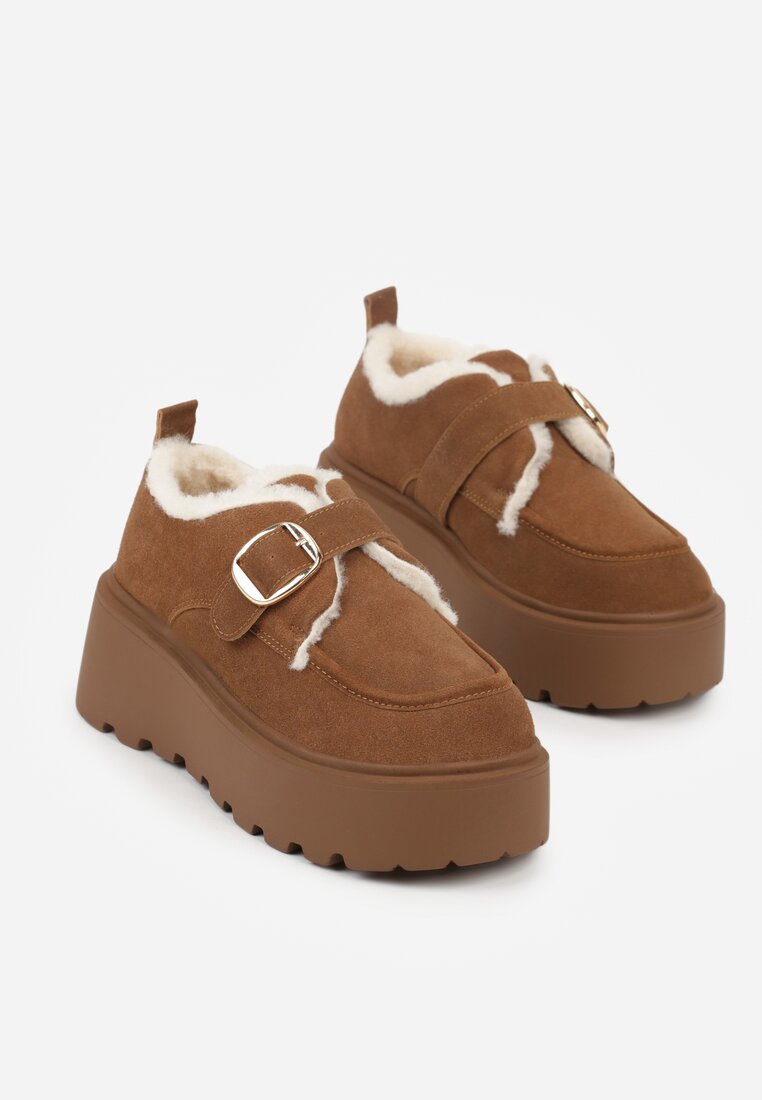 Jasnobrązowe Śniegowce na Grubej Podeszwie z Paskiem z Klamerką i Futerkiem Uwedina
