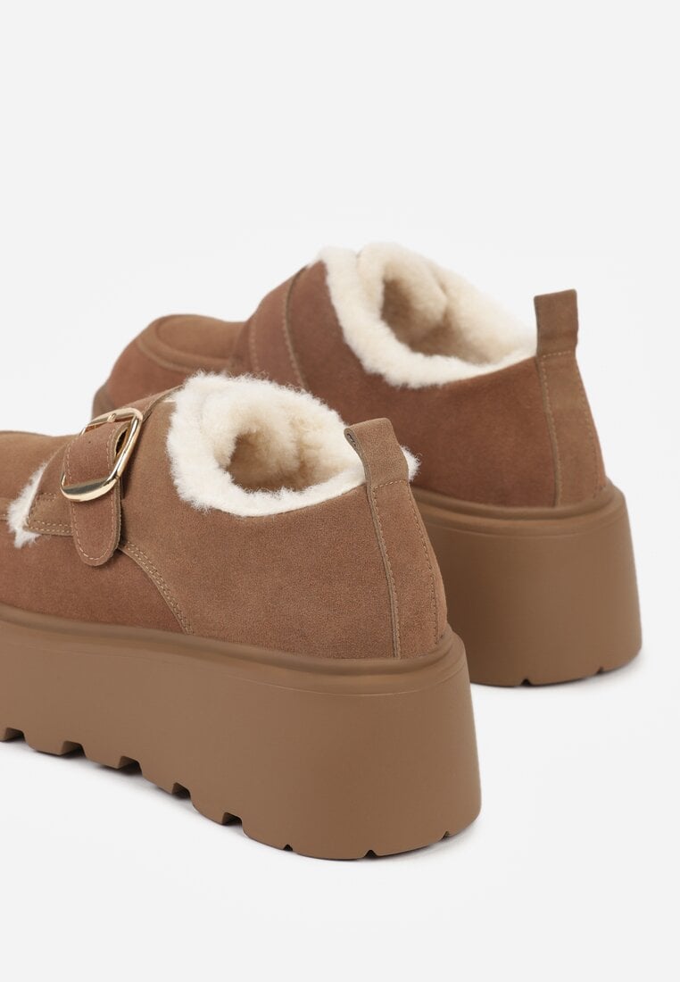 Brązowe Śniegowce na Grubej Podeszwie z Paskiem z Klamerką i Futerkiem Uwedina