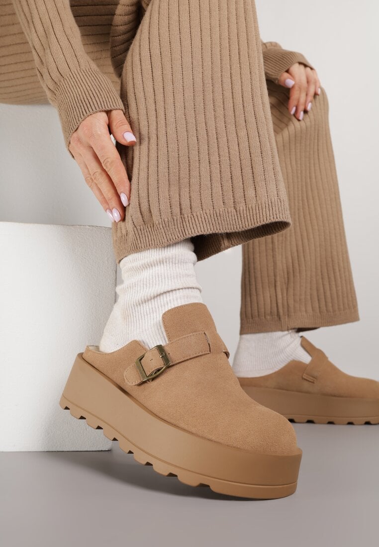 Beżowe Niskie Śniegowce na Grubej Podeszwie Zdobione Sprzączką Vetiare