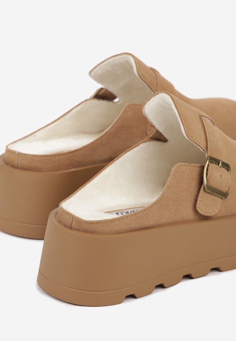 Beżowe Niskie Śniegowce na Grubej Podeszwie Zdobione Sprzączką Vetiare